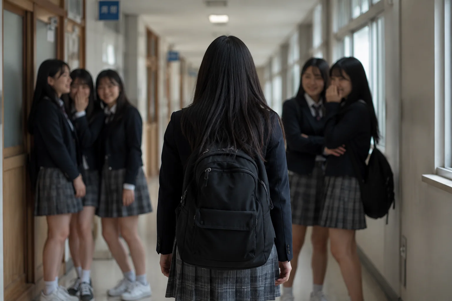 창원 학폭위 절차 유의사항|학교 복도에서 따돌림을 당하는 학생의 뒷모습