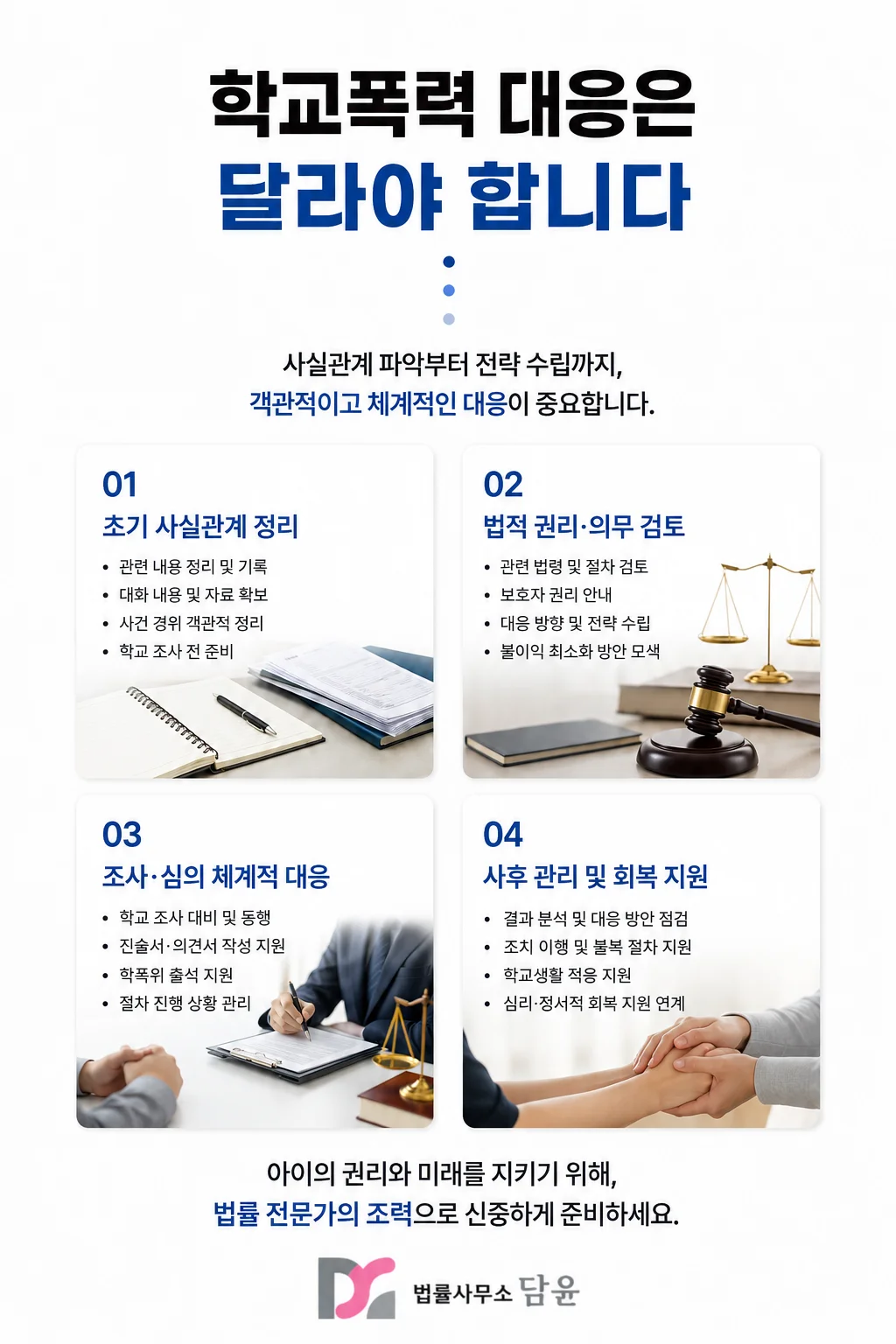 창원 학폭위 절차 유의사항|학교폭력 대응 단계별 절차 및 법률 전문가 조력 안내 인포그래픽